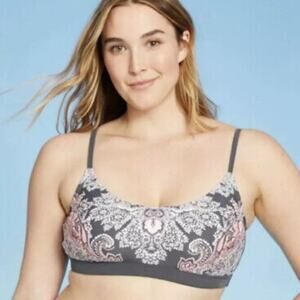 Kona Sol Dark Gray Peach Paisley Flower Bikini Top M 8/10 NWT